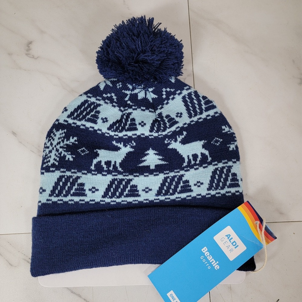 ALDI Gear Navy Winter Beanie White Pom Pom Hat Aldi Logo 2023 One Size